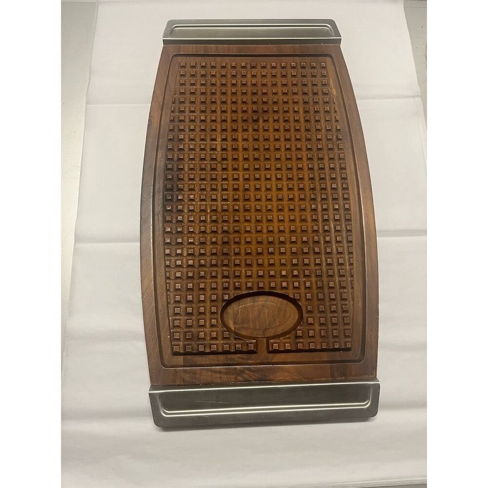 Vintage MCM Teakwood Cutting Board with Metal Handles 19” Brown